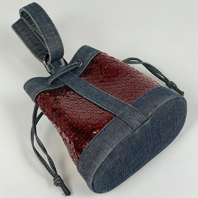 Chanel Logo Handbag Drawstring Shape Handbag Denim Blue Red Women's