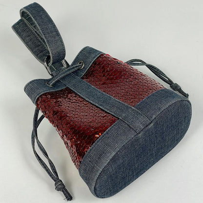 Chanel Logo Handbag Drawstring Shape Handbag Denim Blue Red Women's