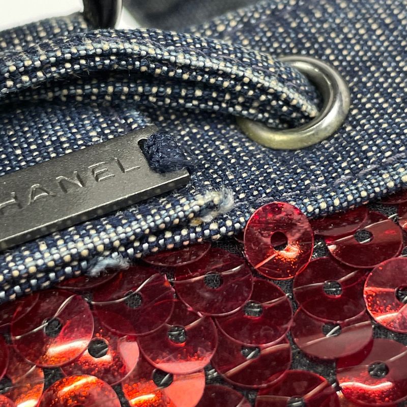 Chanel Logo Handbag Drawstring Shape Handbag Denim Blue Red Women's