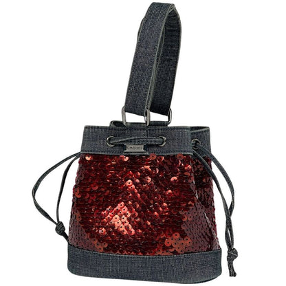Chanel Logo Handbag Drawstring Shape Handbag Denim Blue Red Women's