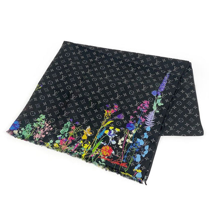 Louis Vuitton Etoile Monogram Eclipse Foliage Flower Shawl Cotton Silk Black