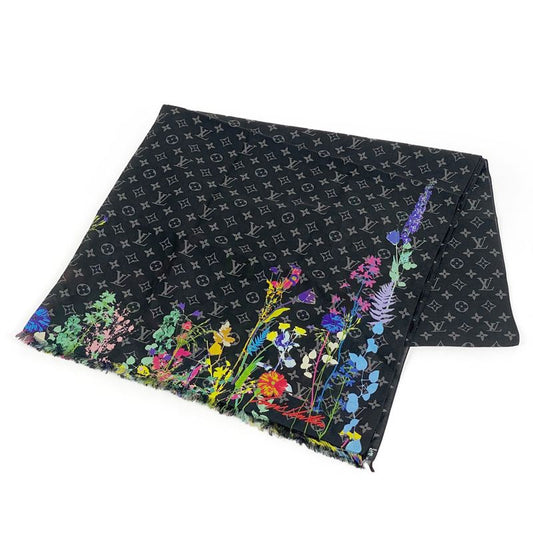Louis Vuitton Etoile Monogram Eclipse Foliage Flower Shawl Cotton Silk Black