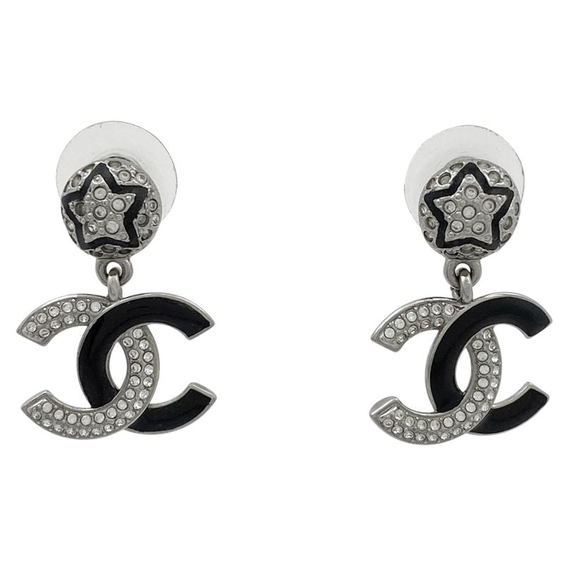 Chanel Coco Mark Rhinestone Earrings Swing Earrings Silver Plated Silver Black