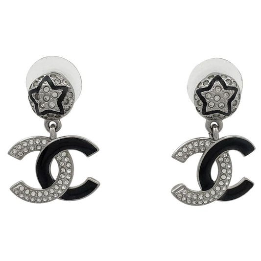 Chanel Coco Mark Rhinestone Earrings Swing Earrings Silver Plated Silver Black