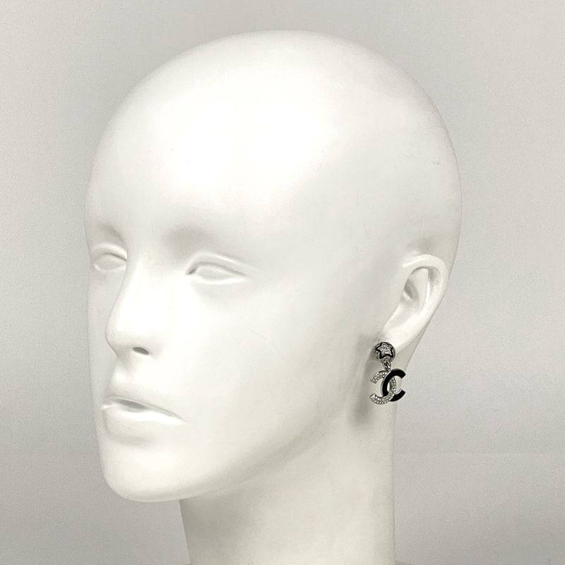 Chanel Coco Mark Rhinestone Earrings Swing Earrings Silver Plated Silver Black