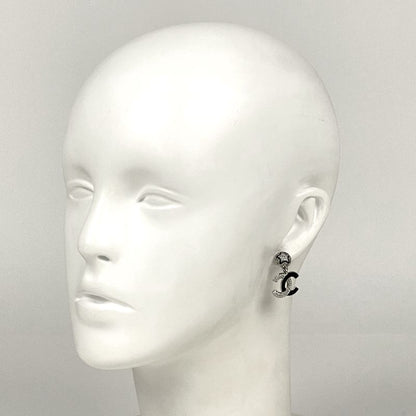 Chanel Coco Mark Rhinestone Earrings Swing Earrings Silver Plated Silver Black