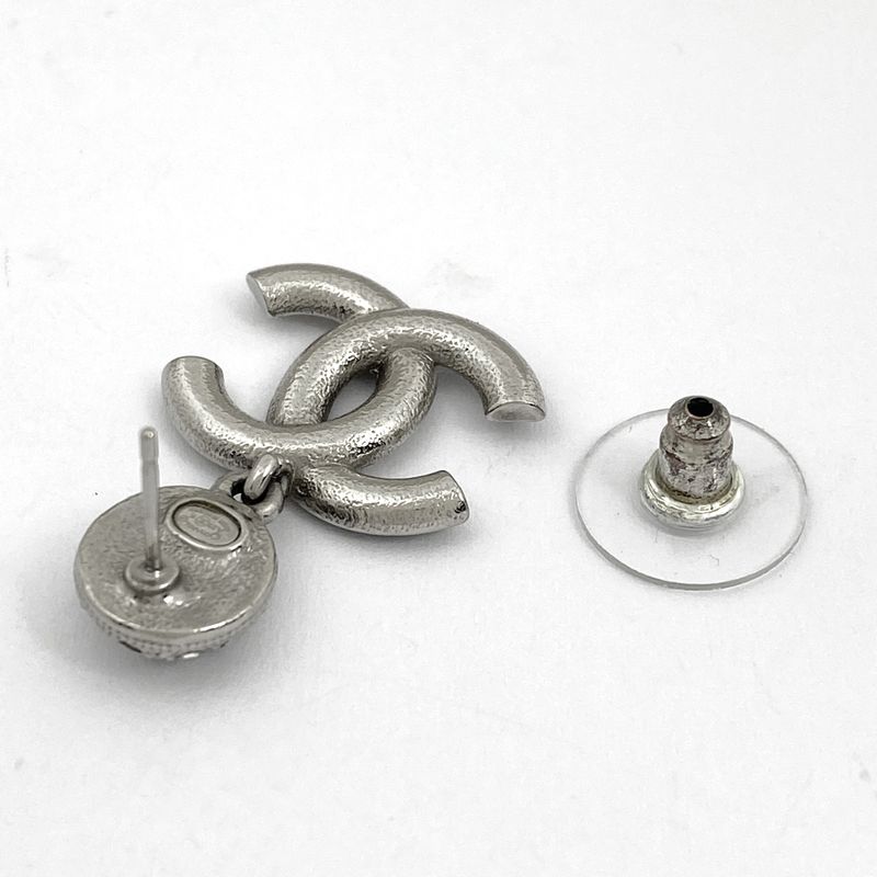 Chanel Coco Mark Rhinestone Earrings Swing Earrings Silver Plated Silver Black