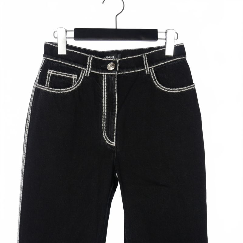 Chanel 24AW Coconage White Stitch Denim Straight 34 Black P77384 V70084