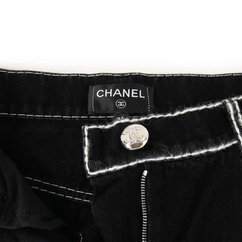Chanel 24AW Coconage White Stitch Denim Straight 34 Black P77384 V70084