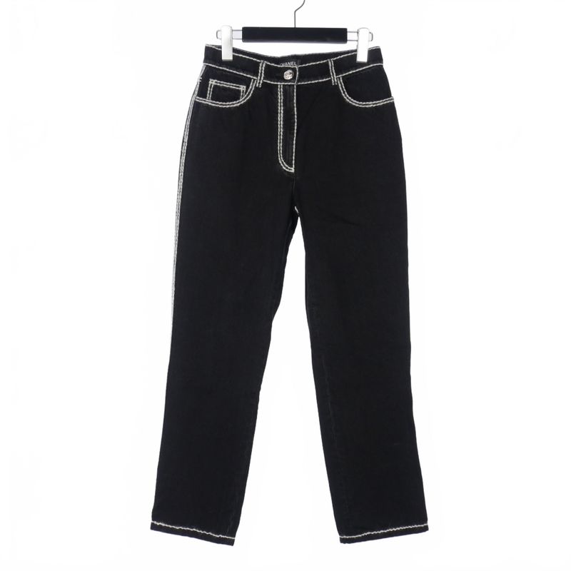 Chanel 24AW Coconage White Stitch Denim Straight 34 Black P77384 V70084