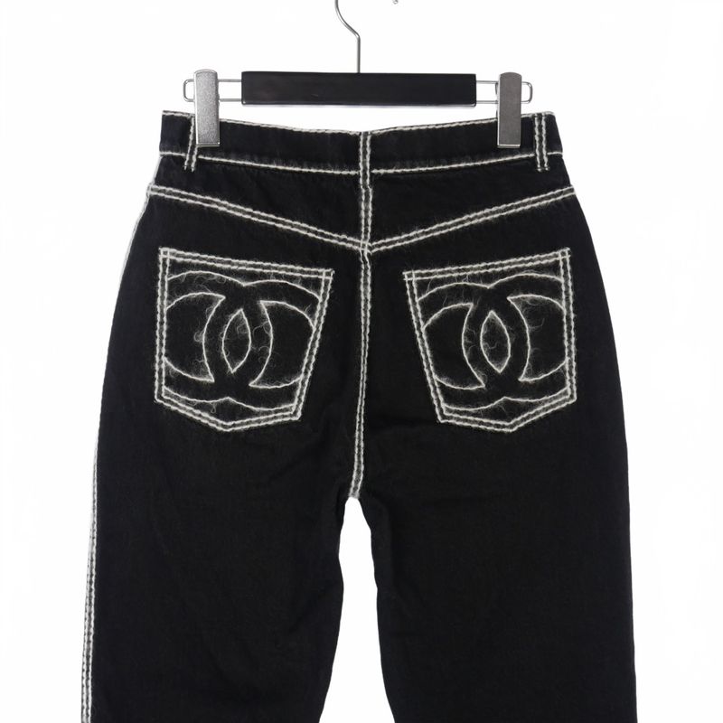 Chanel 24AW Coconage White Stitch Denim Straight 34 Black P77384 V70084