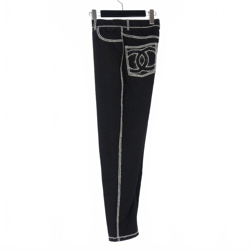 Chanel 24AW Coconage White Stitch Denim Straight 34 Black P77384 V70084