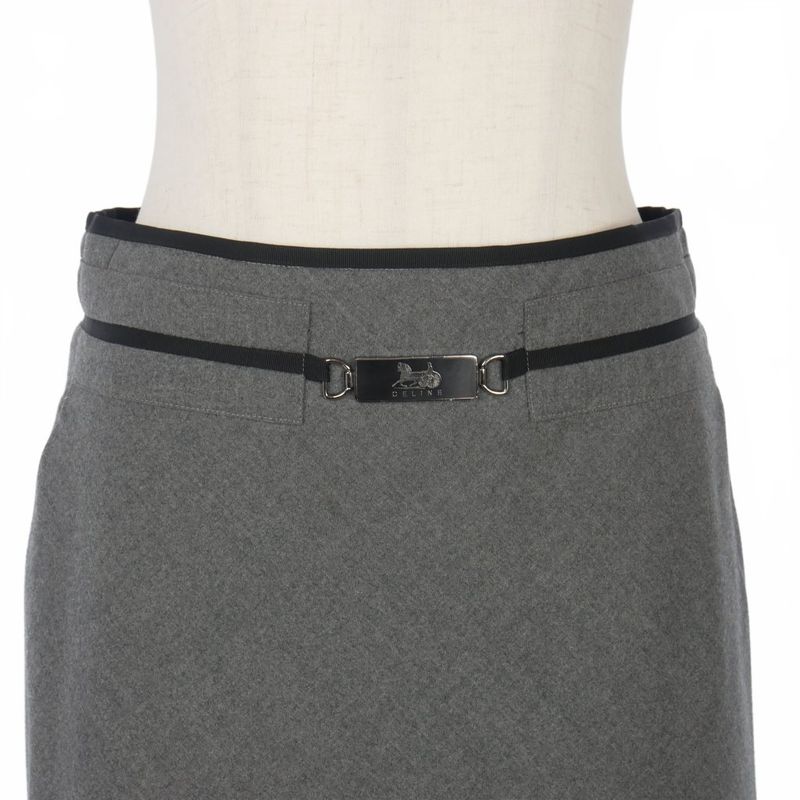 Celine Vintage Carriage Hardware Knee Length Skirt Wool 36 Gray