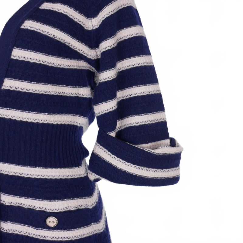 Chanel 2015ss Cashmere Cardigan Dress Striped Short Sleeves 36 Navy Pink