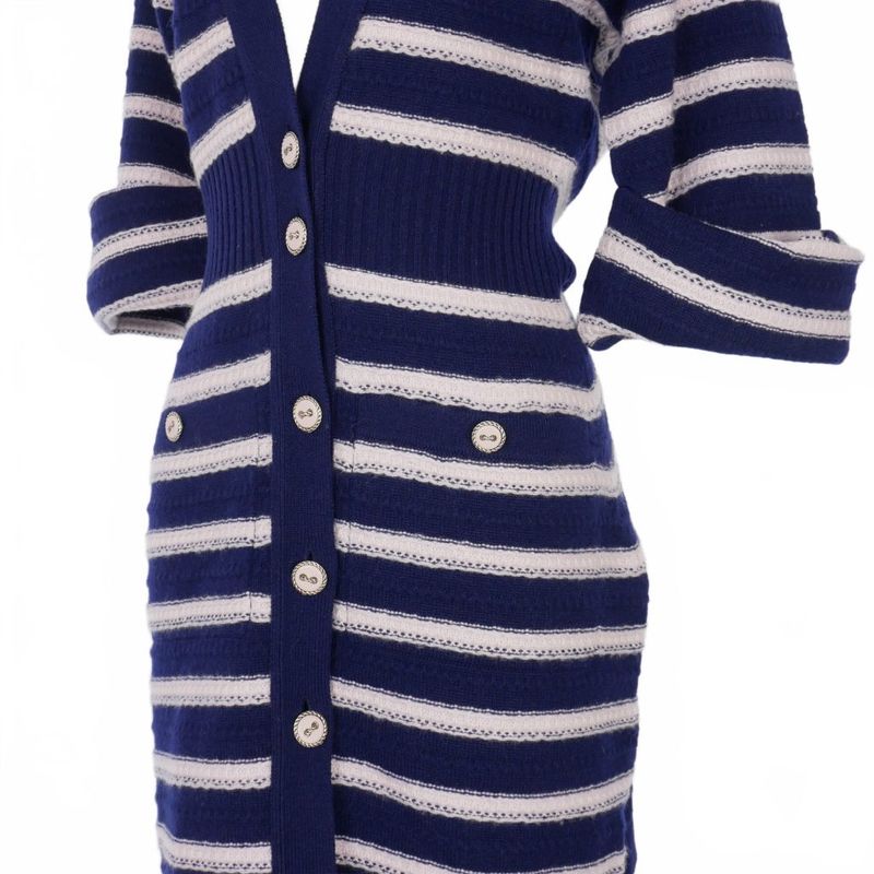 Chanel 2015ss Cashmere Cardigan Dress Striped Short Sleeves 36 Navy Pink