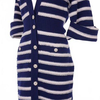 Chanel 2015ss Cashmere Cardigan Dress Striped Short Sleeves 36 Navy Pink