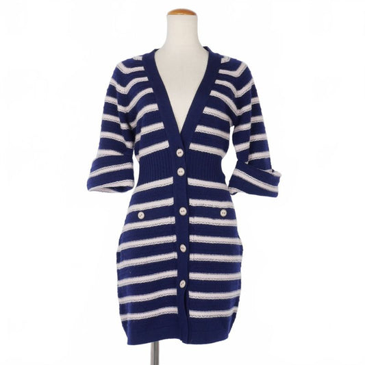 Chanel 2015ss Cashmere Cardigan Dress Striped Short Sleeves 36 Navy Pink