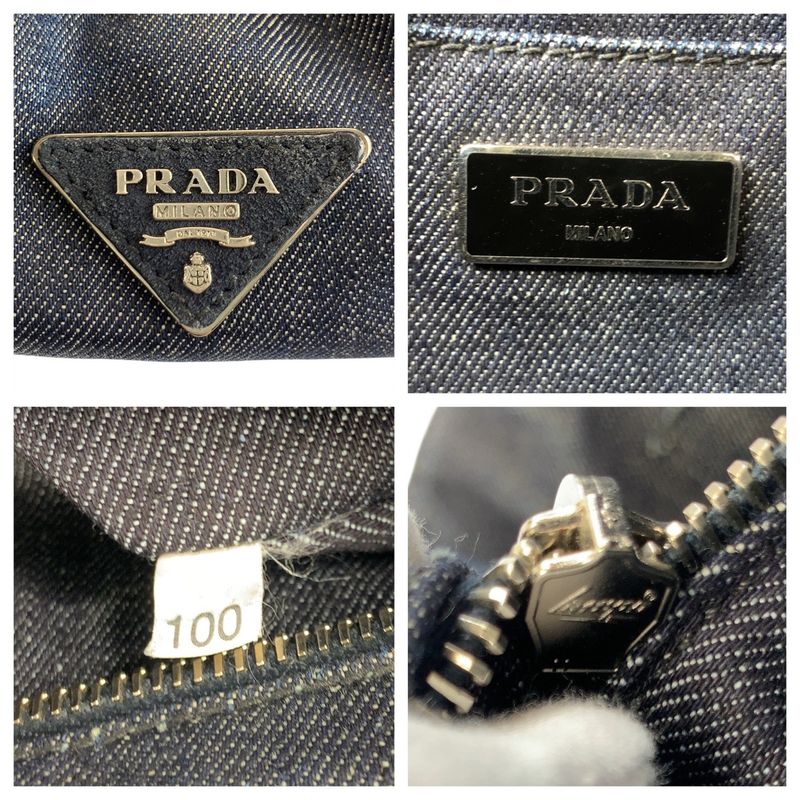 Prada Bijoux Canapa Triangle Logo Plate Navy Blue Denim Tote Bag Shoulder Bag