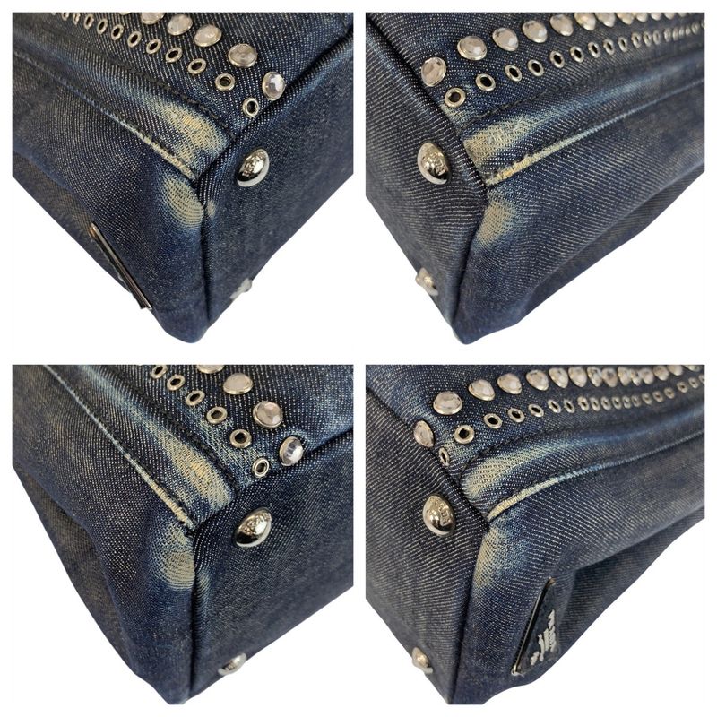Prada Bijoux Canapa Triangle Logo Plate Navy Blue Denim Tote Bag Shoulder Bag