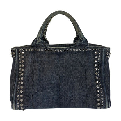 Prada Bijoux Canapa Triangle Logo Plate Navy Blue Denim Tote Bag Shoulder Bag