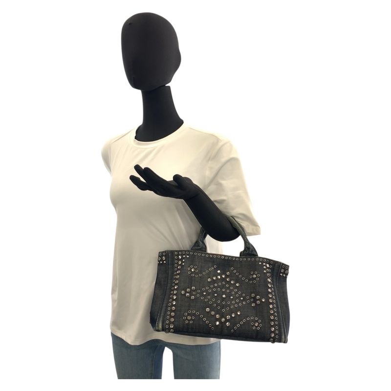 Prada Bijoux Canapa Triangle Logo Plate Navy Blue Denim Tote Bag Shoulder Bag