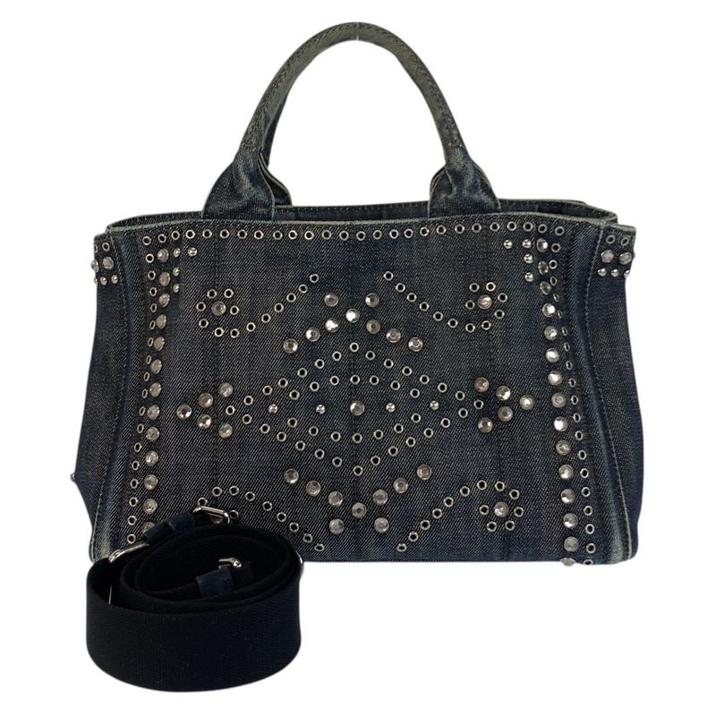 Prada Bijoux Canapa Triangle Logo Plate Navy Blue Denim Tote Bag Shoulder Bag