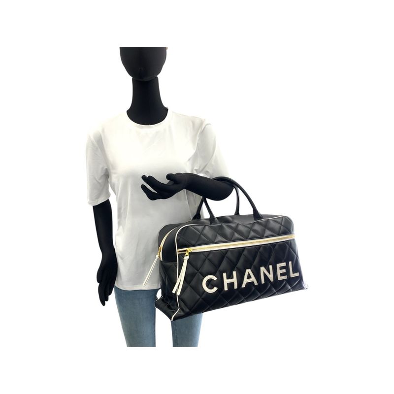 Chanel Vintage Matelasse Black Gold Hardware Leather Boston Bag Handbag Ladies