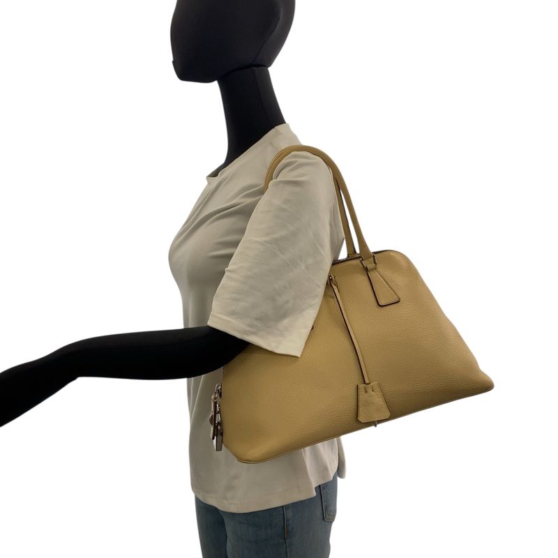 Prada Saffiano Triangle Logo Plate Beige Silver Hardware Leather Handbag