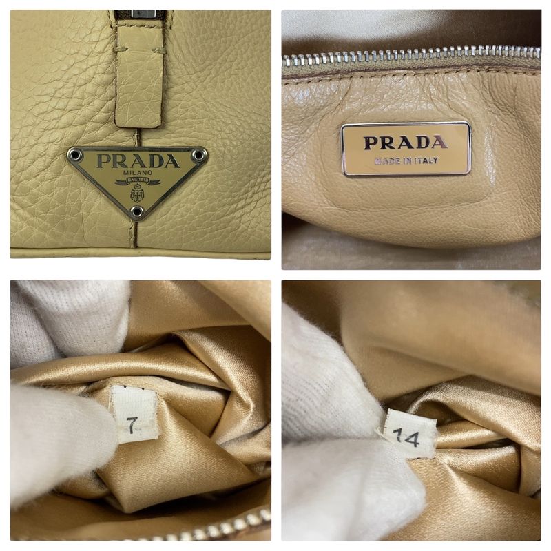 Prada Saffiano Triangle Logo Plate Beige Silver Hardware Leather Handbag