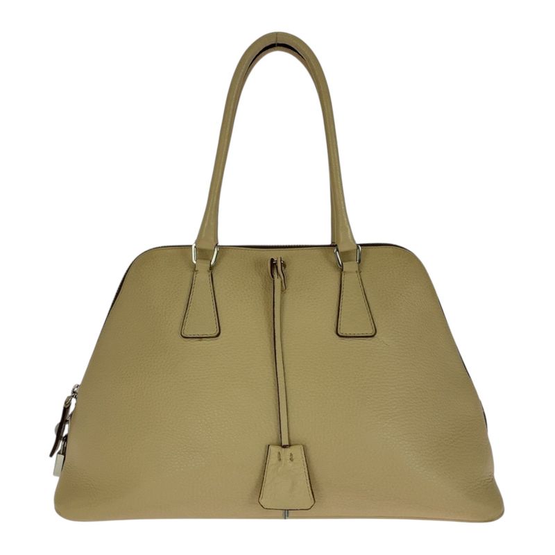 Prada Saffiano Triangle Logo Plate Beige Silver Hardware Leather Handbag