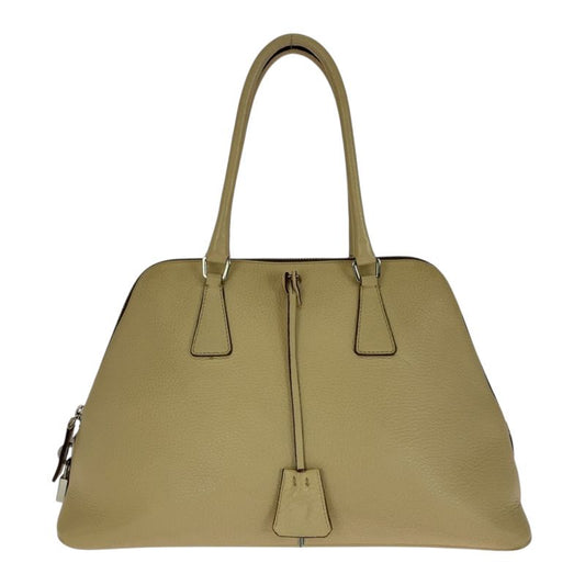 Prada Saffiano Triangle Logo Plate Beige Silver Hardware Leather Handbag