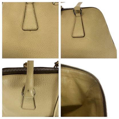 Prada Saffiano Triangle Logo Plate Beige Silver Hardware Leather Handbag