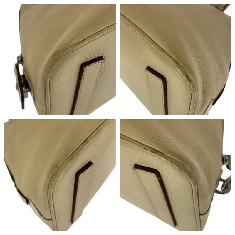 Prada Saffiano Triangle Logo Plate Beige Silver Hardware Leather Handbag