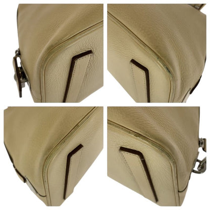 Prada Saffiano Triangle Logo Plate Beige Silver Hardware Leather Handbag