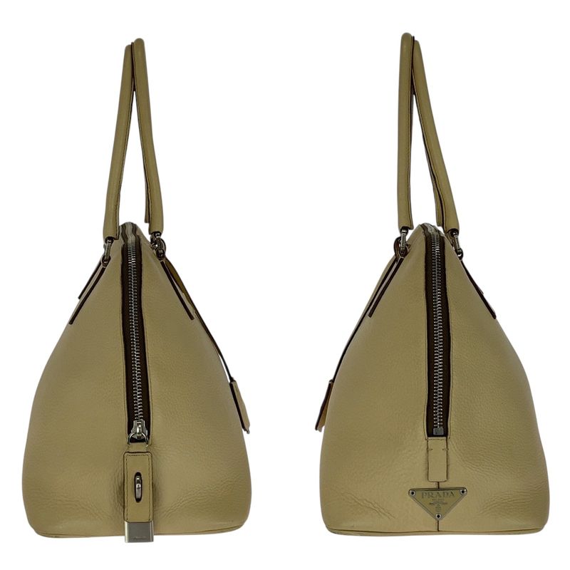 Prada Saffiano Triangle Logo Plate Beige Silver Hardware Leather Handbag
