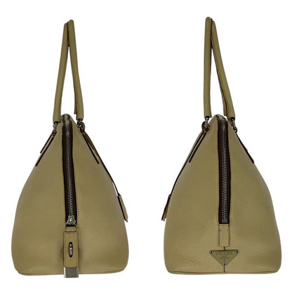 Prada Saffiano Triangle Logo Plate Beige Silver Hardware Leather Handbag