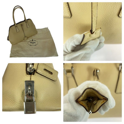 Prada Saffiano Triangle Logo Plate Beige Silver Hardware Leather Handbag