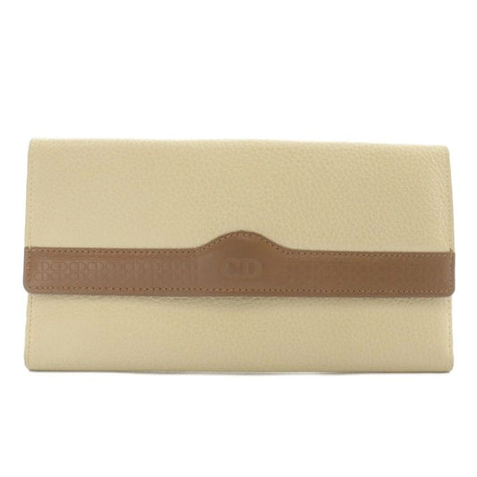 Christian DIOR Long Wallet Trifold Leather CD Logo Ivory Brown XZ - GY18