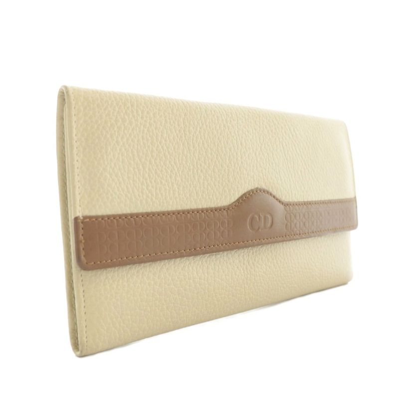 Christian DIOR Long Wallet Trifold Leather CD Logo Ivory Brown XZ - GY18