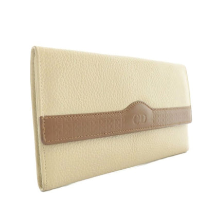 Christian DIOR Long Wallet Trifold Leather CD Logo Ivory Brown XZ - GY18
