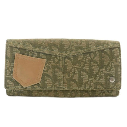 Christian DIOR Long Wallet Fold Canvas Leather Trotter Pattern Total Khaki XZ -