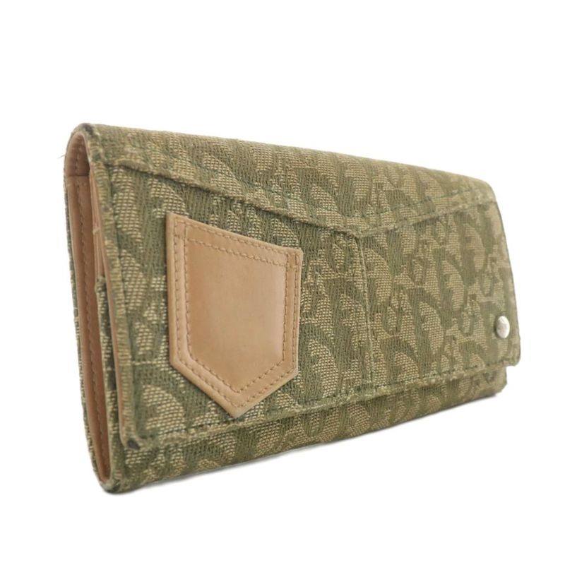 Christian DIOR Long Wallet Fold Canvas Leather Trotter Pattern Total Khaki XZ -