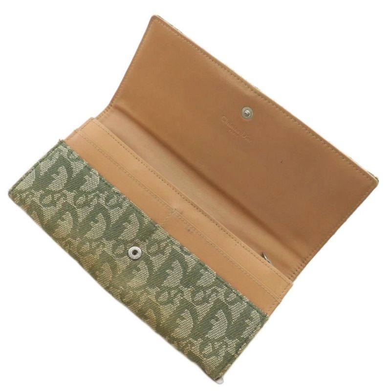 Christian DIOR Long Wallet Fold Canvas Leather Trotter Pattern Total Khaki XZ -