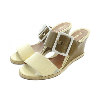 Fendi Sandals Leather Wedge Sole Logo Enamel 37.5 24.5cm (9.65in) Ivory Brown -