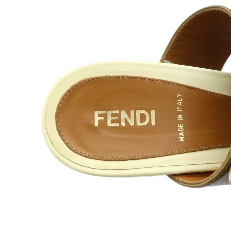 Fendi Sandals Leather Wedge Sole Logo Enamel 37.5 24.5cm (9.65in) Ivory Brown -