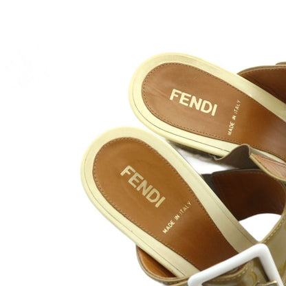 Fendi Sandals Leather Wedge Sole Logo Enamel 37.5 24.5cm (9.65in) Ivory Brown -