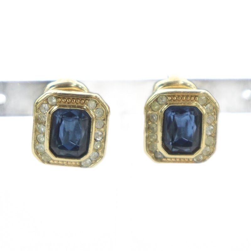 Christian DIOR Earrings Accessories Clip On Binaural GP Color Stone Blue Stone