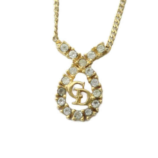 Christian DIOR Necklace Accessories Pendant Logo Rhinestone Gold Color - GY18