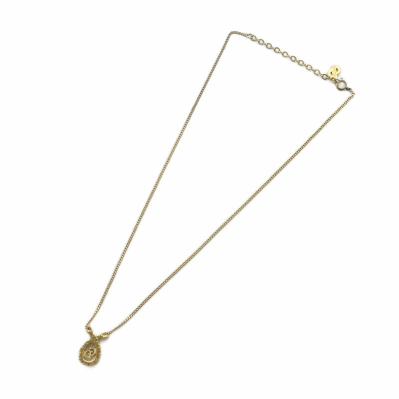 Christian DIOR Necklace Accessories Pendant Logo Rhinestone Gold Color - GY18