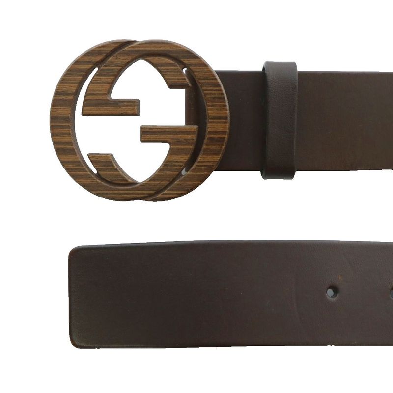 Gucci Belt Dove Leather Interlocking GG Buckle Wood Grain Wood 85 31 Black